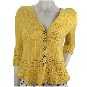Handmade‎ Crochet Peplum Cardigan Yellow Checkerboard Buttons Small